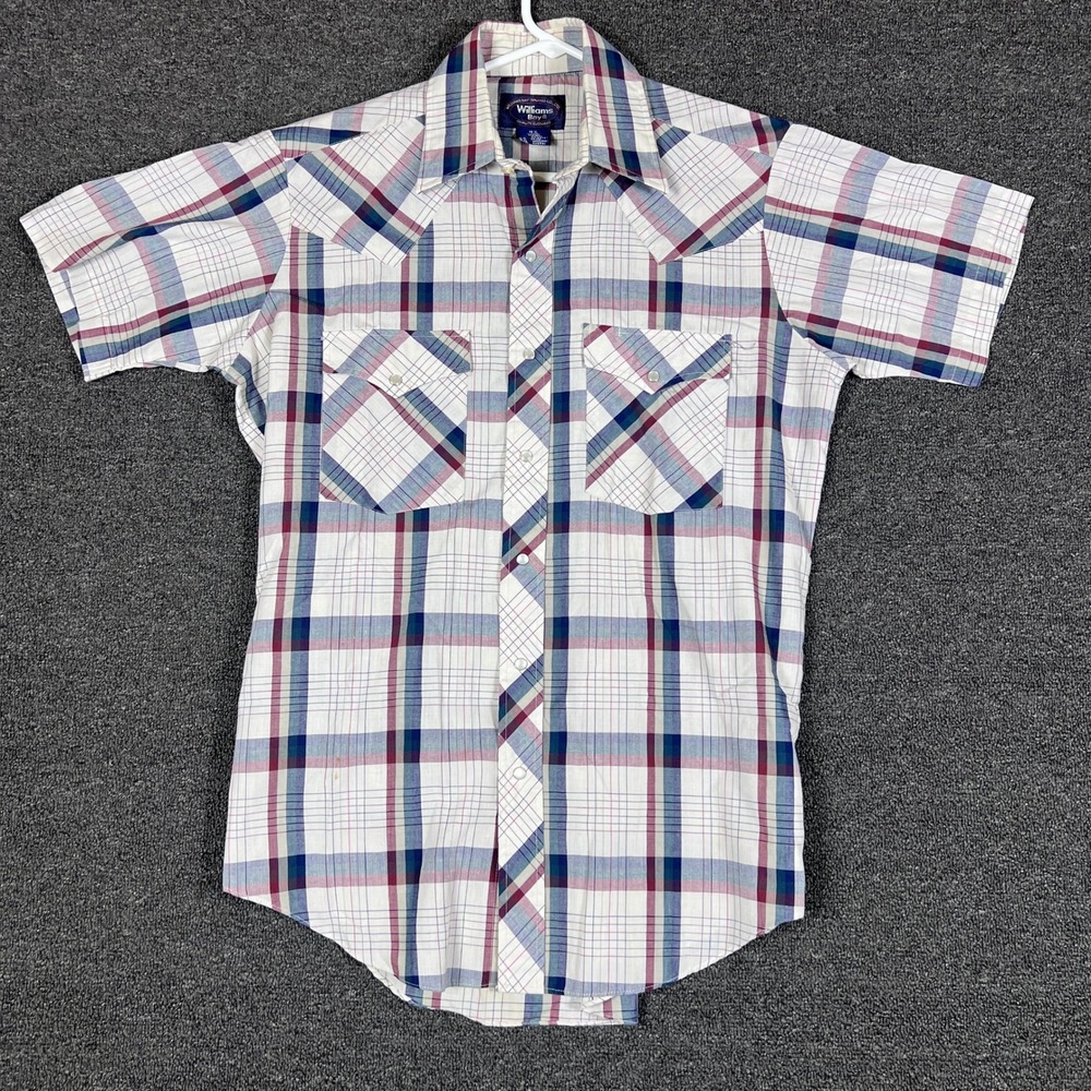 Williams Bay Mens Western Pearl Snap Shirt Short Sleeve Plaid White Blue Red M